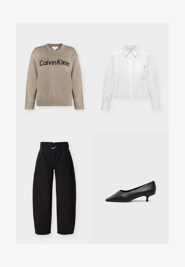 Pull en tricot beige à manches longues avec poignets et ourlet côtelés, portant le logo "Calvin Klein" noir sur la poitrine.; Chemise blanche à manches longues boutonnée, avec col et poche poitrine comportant un petit logo brodé.; Pantalon large noir en coton, doté d'une ceinture à boucle avec anneau métallique et poches latérales. Texture lisse au design minimaliste.; Escarpin femme en cuir noir à petit talon, bout pointu et petit talon kitten sur fond clair uni.