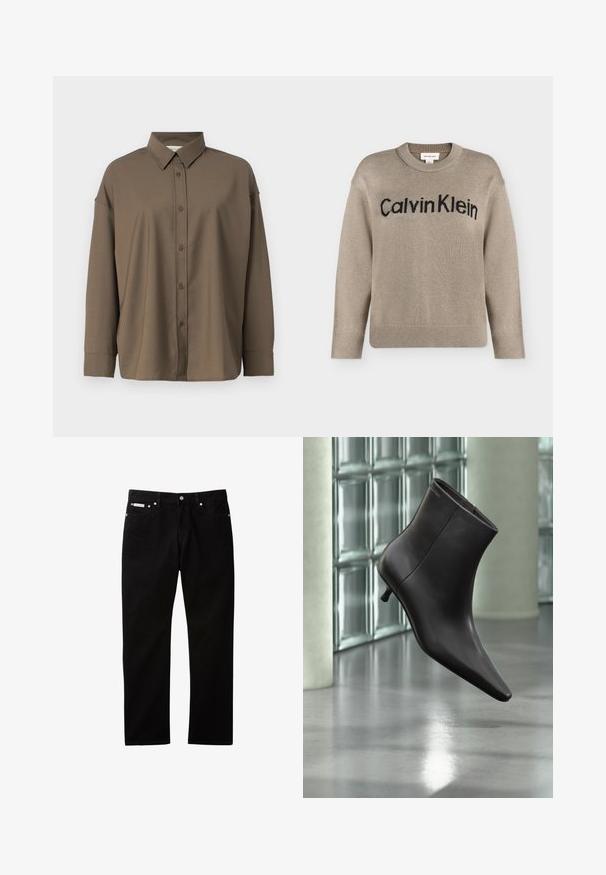 Pull en tricot beige à manches longues avec poignets et ourlet côtelés, portant le logo "Calvin Klein" noir sur la poitrine.; Chemise marron à boutons avec un col structuré, des manches longues et un tissu texturé. Elle présente une coupe droite et une fermeture à boutons sur le devant.; Jean en denim noir à coupe droite, doté d'une fermeture par bouton et zip, de cinq poches, et d'une petite étiquette logo sur la ceinture.; Bottine en cuir noir avec bout pointu et petit talon, présentée devant un mur en blocs de verre et un sol poli.