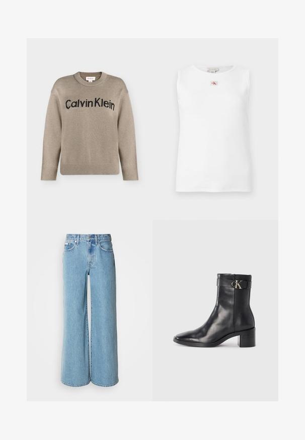 Pull en tricot beige à manches longues avec poignets et ourlet côtelés, portant le logo "Calvin Klein" noir sur la poitrine.; Débardeur blanc sans manches en maille côtelée avec un petit logo Calvin Klein rouge et noir centré juste en dessous de l'encolure.; Jean large bleu clair en denim, avec une taille haute, un design à cinq poches et un léger dégradé sur le tissu.; Botte de cheville en cuir noir avec un bout pointu, un talon carré et une sangle avec un détail de logo métallique. Texture lisse et design minimaliste.