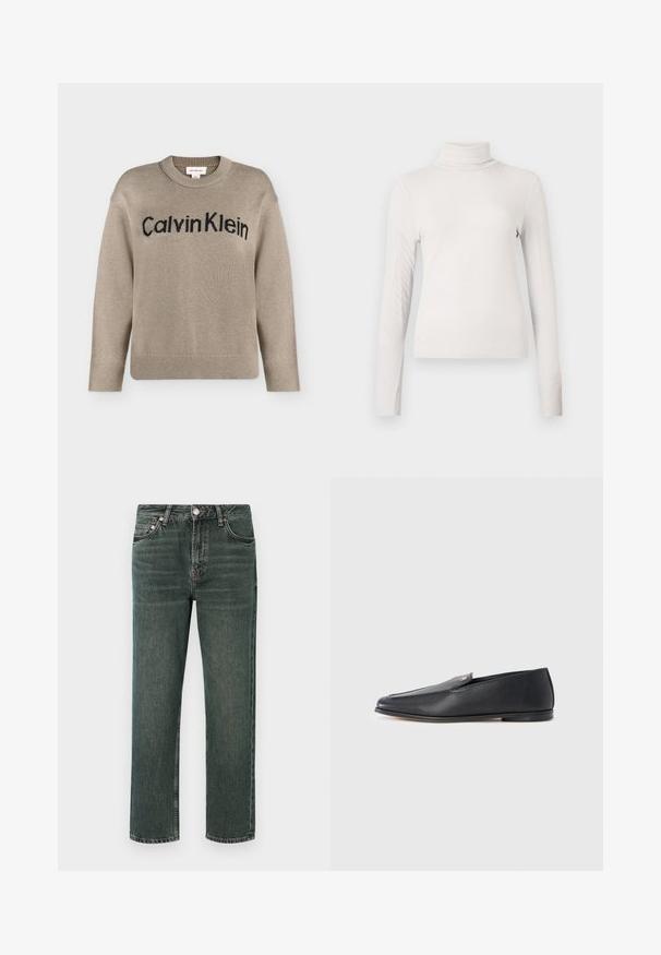 Pull en tricot beige à manches longues avec poignets et ourlet côtelés, portant le logo "Calvin Klein" noir sur la poitrine.; Haut à col roulé à manches longues côtelé de couleur crème avec une silhouette ajustée sur un fond blanc uni.; Jean en denim vert foncé à coupe droite, présentant un design classique à cinq poches, des coutures visibles et une fermeture à bouton à la taille.; Mocassins en cuir noir à texture lisse, bout arrondi et détails de couture subtils. Ils présentent un accent logo doré sur le côté supérieur.