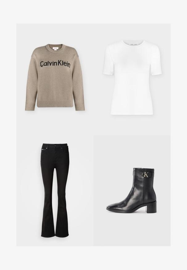 Beige gebreide trui met lange mouwen en geribbelde boorden en zoom, met het zwarte "Calvin Klein"-logo over de borst.; Wit T-shirt met korte mouwen en een ronde hals, een slanke pasvorm en geribbelde stof, weergegeven op een effen lichtgrijze achtergrond.; Zwarte flared jeans van denim, met een hoge taille, vijf-pocket ontwerp en subtiele stikdetails. Gladde textuur met een effen kleur.; Zwarte leren enkellaars met een spitse neus, blokhak en een bandje met een metallic logo. Gladde textuur en minimalistisch ontwerp.