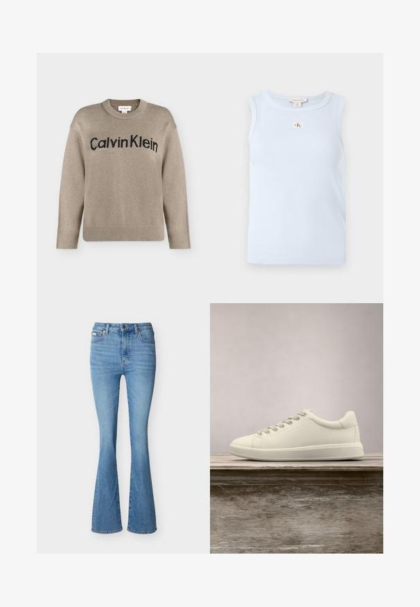 Beige gebreide trui met lange mouwen en geribbelde boorden en zoom, met het zwarte "Calvin Klein"-logo over de borst.; Lichtblauw mouwloos topje gemaakt van geribbelde stof, met een ronde halslijn en een klein CK-logo label aan de voorkant.; Lichtblauwe denim jeans met een hoge taille, een lichte uitlopende pijp aan de onderkant en standaard vijfzakkenmodel.; Witte leren sneakers met lage schacht, vetersluiting en een platte rubberen zool, weergegeven vanaf de zijkant op een effen achtergrond.