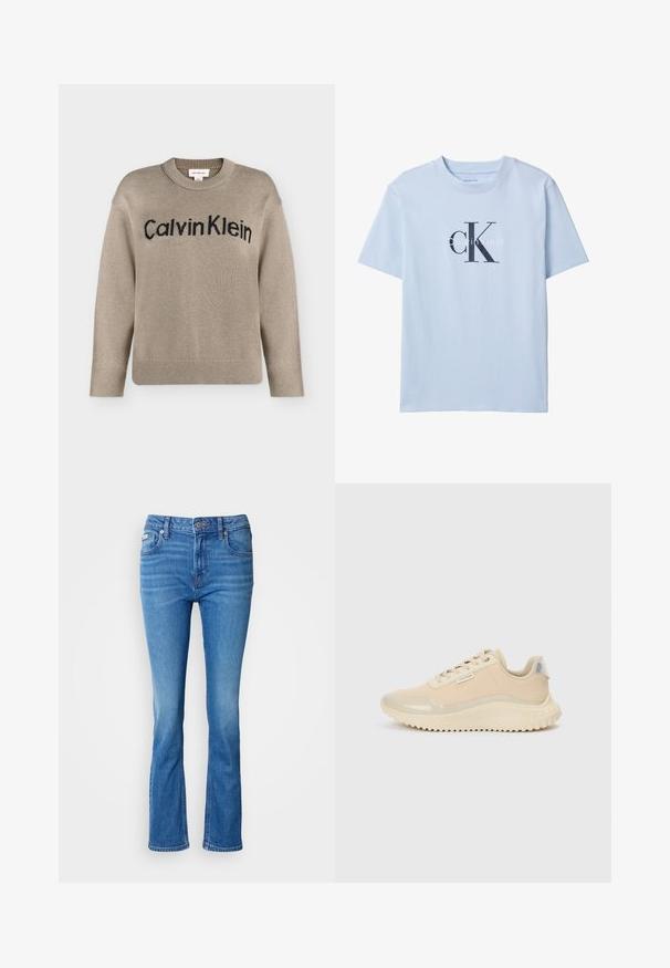 Béžový pletený sveter s dlhými rukávmi, rebrovanými manžetami a lemom, s čiernym logom "Calvin Klein" na hrudi.; Svetlomodré tričko s krátkym rukávom s veľkým čiernym nápisom "cK" a bielym logom "Calvin Klein" umiestneným v strede prednej strany.; Modré denimové rozšírené džínsy s stredne vysokým pásom, s klasickým päť-pocket dizajnom a jemne vyblednutou textúrou na kolenách.; Béžové tenisky s hladkým lakovaným špičkou a hornou časťou, zdobené textúrovanou medzipodrážkou a gumovou podrážkou s dezénom. Obsahujú značkovú štítok.