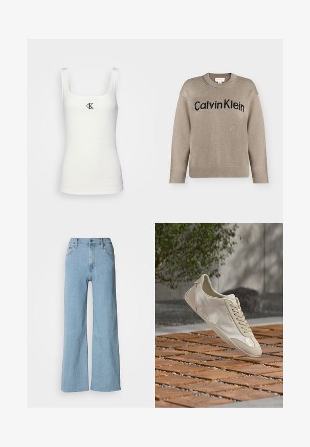Beige strikket langærmet sweater med ribstrikkede manchetter og kant, med "Calvin Klein"-logo i sort over brystet.; Hvid bomulds tanktop med firkantet udskæring og smalle stropper. Har et lille sort broderet CK-logo på forsiden.; Lyseblå vidde jeans lavet af denim, med en tætsiddende talje, fem-lomme design og subtile syningsdetaljer.; Beige Calvin Klein sneaker, der svæver over en mønstret træ- og småstensbelagt udendørs overflade med grønt og en betonvæg i baggrunden.