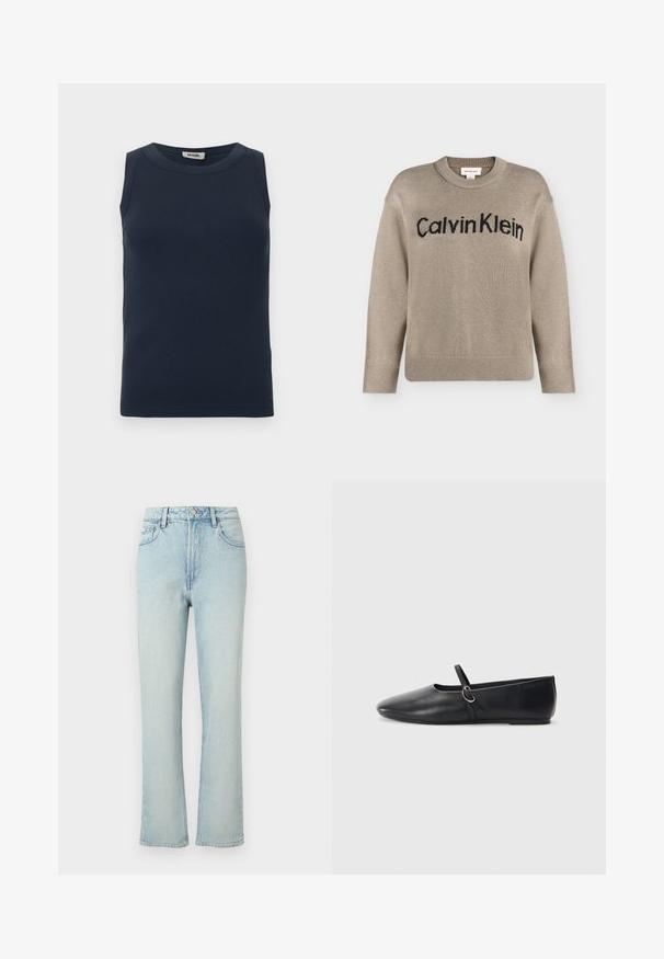 Pull en tricot beige à manches longues avec poignets et ourlet côtelés, portant le logo "Calvin Klein" noir sur la poitrine.; Haut sans manches bleu marine foncé en tissu côtelé. Présente un col rond et une coupe ajustée sans accents ni motifs supplémentaires.; Jean bleu clair taille haute à jambes droites avec bouton avant, passants de ceinture et design classique à cinq poches sur fond uni.; Ballerines noires en cuir avec un bout pointu, une semelle plate et une petite sangle avec un détail de boucle en argent.