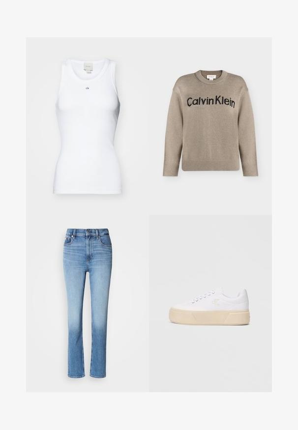 Beige strikket langærmet sweater med ribstrikkede manchetter og kant, med "Calvin Klein"-logo i sort over brystet.; Hvid ribbet tanktop med rund halsudskærring og et lille "ck" logo. Fremstillet af strækbart materiale for en tætsiddende silhuet.; Blå denimjeans med høj talje, lige ben-design, falmede farvegradient og fem-lomme stil. Metalknap- og lynlås-lukning.; Hvide kanvas sneakers med en kraftig beige platformsål, der har et diskret broderet logo på siden og klassisk snørebåndsdesign.
