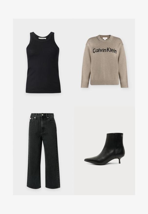 Beige gebreide trui met lange mouwen en geribbelde boorden en zoom, met het zwarte "Calvin Klein"-logo over de borst.; Zwarte geribbelde tanktop met een ronde halslijn en brede bandjes, gemaakt van zachte stof. Geen zichtbare patronen of hardware-details.; Zwarte wijde jeans van denim, met een hoge taille, twee voorzakken, één achterzak en een knoopsluiting met een zilveren accent.; Zwart leren enkellaars met puntige neus en lage kittenhak op lichte achtergrond, zijaanzicht buitenkant.