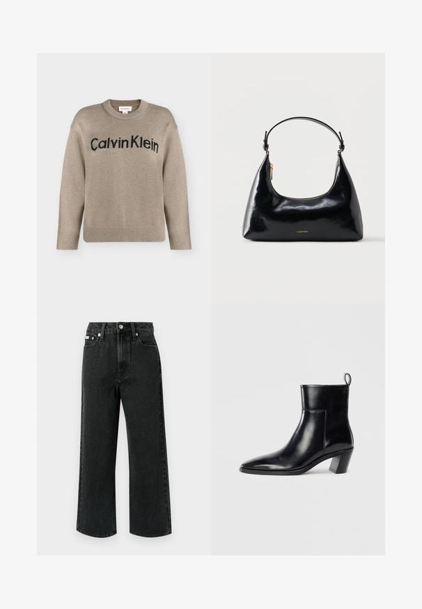 Beige gebreide trui met lange mouwen en geribbelde boorden en zoom, met het zwarte "Calvin Klein"-logo over de borst.; Zwarte wijde jeans van denim, met een hoge taille, twee voorzakken, één achterzak en een knoopsluiting met een zilveren accent.; Zwarte leren enkelboot met een spitse neus, een geometrische gestapelde hak en een trekband aan de achterkant. Gladde textuur en slank ontwerp.; Zwarte glanzende Calvin Klein handtas met gouden rits en korte band tegen een effen witte achtergrond.