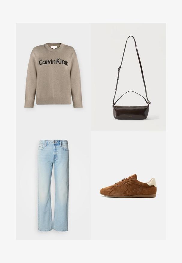 Pull en tricot beige à manches longues avec poignets et ourlet côtelés, portant le logo "Calvin Klein" noir sur la poitrine.; Jeans à jambes larges bleu clair en denim, présentant un design classique à cinq poches et une texture légèrement décolorée. La couture en denim est visible.; Baskets basses en daim marron à lacets sur l’avant, patch blanc au talon et semelle en caoutchouc plate, vues de côté sur fond blanc.; Petit sac à bandoulière en cuir marron foncé brillant avec bandoulière réglable, poignée supérieure et fermeture éclair dorée.
