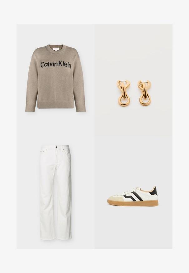 Pull en tricot beige à manches longues avec poignets et ourlet côtelés, portant le logo "Calvin Klein" noir sur la poitrine.; Jean blanc à jambes droites avec poches avant, passants pour ceinture, fermeture par bouton, et coutures visibles sur un fond uni.; Baskets blanches avec embout beige, bandes latérales noires, semelle brun clair et design bas.; Paire de boucles d'oreilles créoles en bouclettes dorées brillantes sur fond blanc uni, présentant un design torsadé entrelacé.
