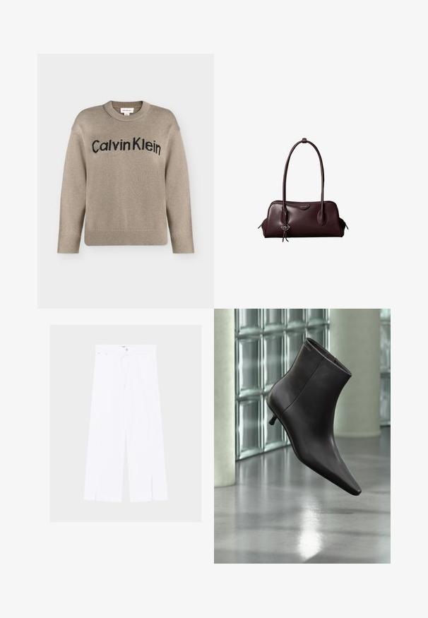 Béžový pletený sveter s dlhými rukávmi, rebrovanými manžetami a lemom, s čiernym logom "Calvin Klein" na hrudi.; Biele nohavice s širokými nohavicami, prednými rozparkami na leme, zapínaním na gombík a zips a úzkym pásom s pútkami na opasok.; Čierna kožená členková obuv s ostrou špičkou a nízkym podpätkom, zobrazená na pozadí steny zo sklenených blokov a leštenej podlahy.; Tmavohnedá kožená kabelka Calvin Klein s dlhými dvojitými rúčkami a malým logom zaveseným na jednej rúčke.