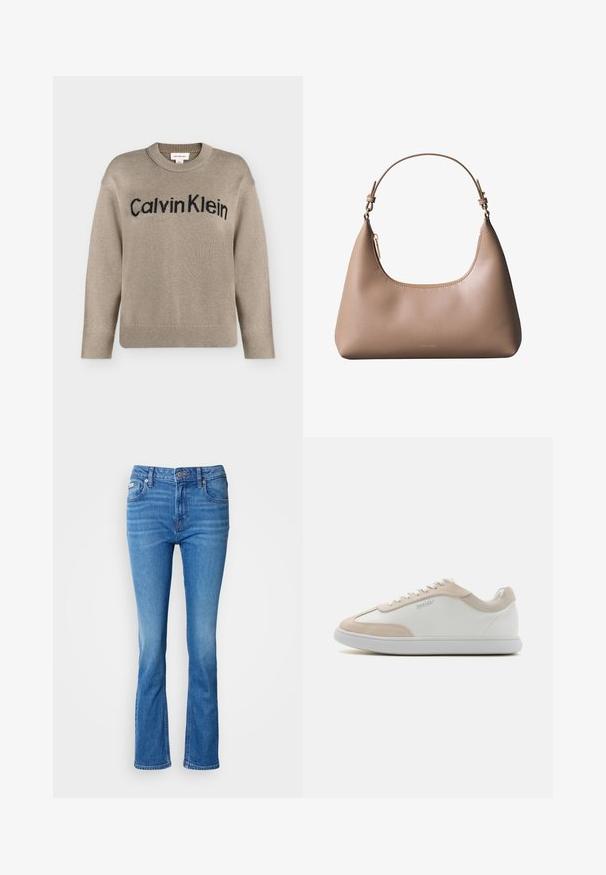 Beige strikket langærmet sweater med ribstrikkede manchetter og kant, med "Calvin Klein"-logo i sort over brystet.; Blå denim flared jeans med en mellemhøj talje, der har et klassisk fem-lomme design og en subtil affadet tekstur ved knæene.; Hvide lædersneakers med beige ruskindsdetaljer og hvide snøringer. Har en rund tå og en polstret sål for komfort.; Beige skuldertaske i læder med kort håndtag, buet toplynlås og minimalistisk Calvin Klein-logo foran.