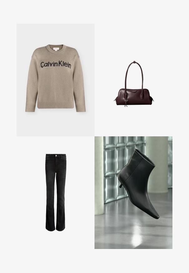 Beige strikket langærmet sweater med ribstrikkede manchetter og kant, med "Calvin Klein"-logo i sort over brystet.; Sorte flared jeans lavet af denim, med høj talje, fem lommer og sølvfarvet knaplukning. Glat tekstur med subtilt falm.; Sort læderankelstøvle med spids tå og lav kitten-hæ, vist vinklet mod en poleret gulv- og glasblokvæg.; Mørkebrun lædertaske fra Calvin Klein med lange dobbelte håndtag og en lille logohængende ved det ene håndtag.