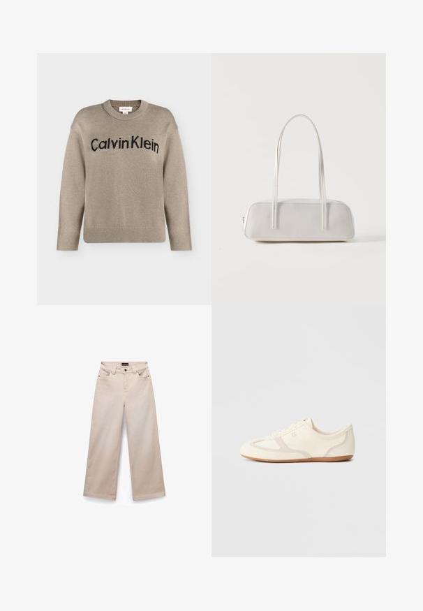 Jersey de punto beige de manga larga con puños y bajo acanalados, con el logo "Calvin Klein" en negro en el pecho.; Pantalones de pierna ancha beige, hechos de algodón con una textura suave. Cuenta con cinco bolsillos, pasadores para cinturón y herrajes en tono plateado en la parte frontal.; Zapatillas de color crema con parte superior de ante y tela, puntera redondeada y suela de goma con un detalle en beige. Diseño con cordones.; Bolso de hombro rectangular blanco con correas largas y delgadas, costuras mínimas y cierre de cremallera sobre un fondo liso.
