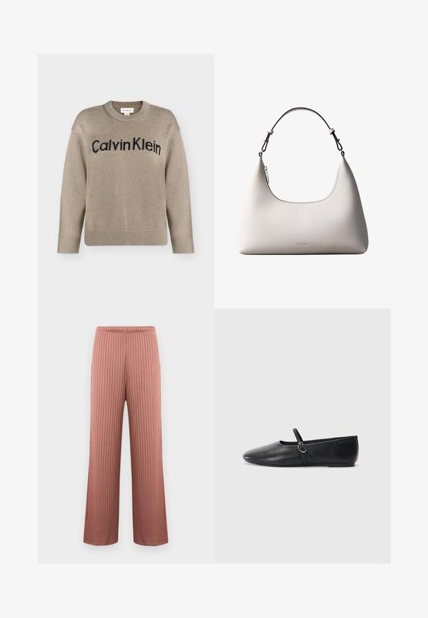 Pull en tricot beige à manches longues avec poignets et ourlet côtelés, portant le logo "Calvin Klein" noir sur la poitrine.; Pantalon en maille côtelée à jambes larges couleur rose poudré avec une taille élastique et de fines rayures verticales, présenté sur un fond uni.; Ballerines noires en cuir avec un bout pointu, une semelle plate et une petite sangle avec un détail de boucle en argent.; Sac à bandoulière en cuir couleur crème de Calvin Klein avec bord supérieur incurvé, fermeture éclair argentée et sangle ajustable brun foncé.