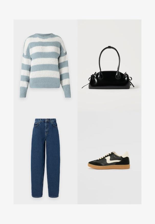 Chunky striktrøje med brede vandrette striber i lys blå og hvid, der har lange ærmer og en rund halsudskæring.; Mørkeblå denim jeans med høj talje, bred benpasform, fem-lomme design og kontrasterende syninger. Klassisk lynlås og knaplukning.; Sorte ruskinds- og lædersneakers med en cremefarvet side-swoosh og lys cremefarvet hæl. Har beige snørebånd og en gummirubber-sål.; Lille sort blank håndtaske med to lange håndtag og snøre-detaljer i siden på en ensfarvet lys baggrund.