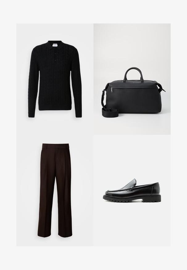Sort strikket sweater med kabelmønster, lange ærmer og polo krave. Har tre frontknapper samt ribbede manchetter og kant.; Brune skræddersyede bukser med lige ben, featuring en frontfold, glat texture og klassisk talje. Egnet til formelt brug.; Sort læderloafer med chunky gummisål, syet overdel og præget mærkenavn på hælen, vist i sideprofil på hvid baggrund.; Sort læder duffel taske med to top hanke, en aftagelig skulderrem og en lynlåslomme foran til ekstra opbevaring.