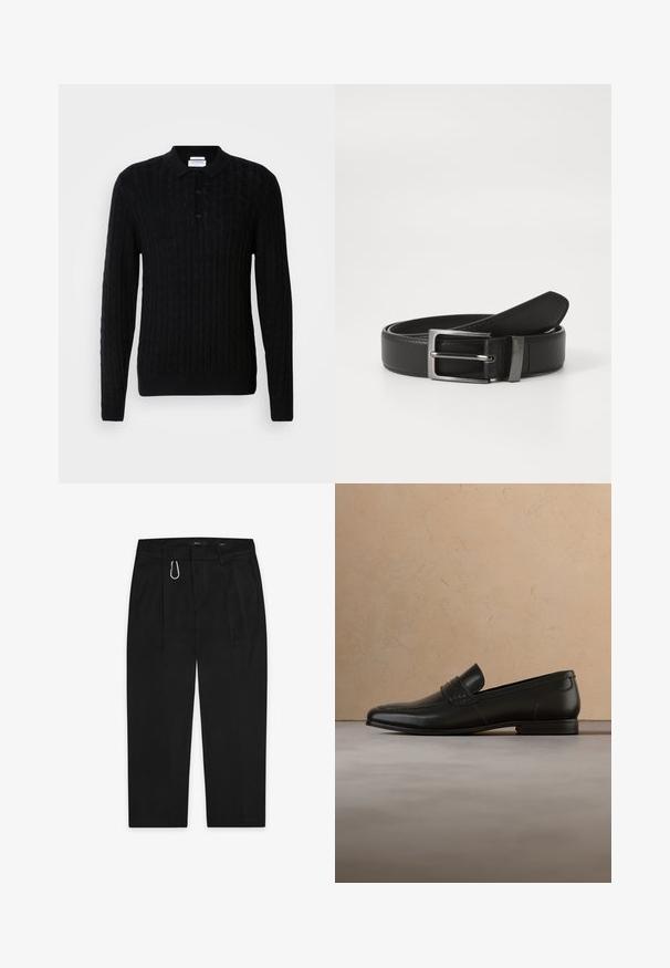 Pull en tricot noir avec un motif en torsades, manches longues et col polo. Présente trois boutons à l'avant et des poignets et un ourlet côtelés.; Pantalon noir à coupe droite, doté d'un clip en métal argenté et de deux poches latérales. Fabriqué en tissu lisse.; Mocassin en cuir noir présenté en lévitation au-dessus d'un tapis beige avec un canapé beige en arrière-plan.; Ceinture en cuir noir avec une boucle en métal argenté, présentant une finition lisse et un design classique. La ceinture est soigneusement pliée.