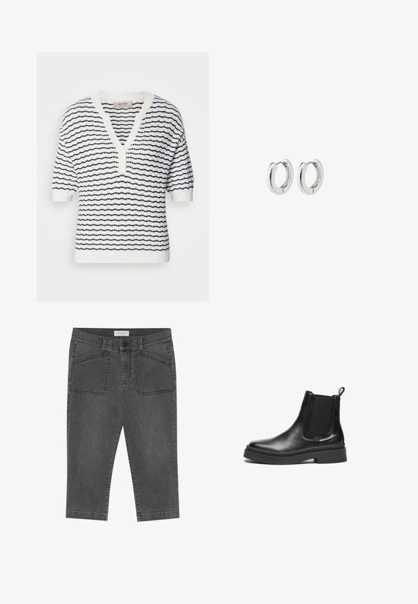 Witte korte mouwen trui met marineblauwe horizontale strepen, V-hals en knoopsluiting, met een structuurgebreide patroon door de gehele trui.; Grijze denim capri broeken met een slim fit ontwerp, voorzien van voorzakken, een knoopsluiting en een licht versleten textuur.; Zwarte leren Chelsea boots met elastische zijpanelen, een gladde afwerking en een robuuste rubberen zool, met een trekbandje voor eenvoudig aan- en uittrekken.; Zilveren creolen met een gepolijste afwerking, uitgerust met een cirkelontwerp en naadloze scharnieren, die een gladde textuur tentoonstellen.