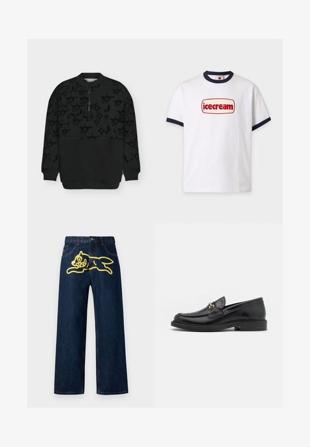 Sort langærmet pullover med diskret mørkt geometrisk mønster på den øverste halvdel, ribkanter, krave og kort lynlås foran.; Hvid t-shirt med korte ærmer med navyblå krave og ærmekanter, med rød "icecream" tekst inden i en rundet rektangel på brystet.; Mørkeblå denim jeans med et stort gult grafisk motiv af en springende karakter på baglommen. Lige ben design med standard syninger.; Sorte læder loafers med en rund tå, der har guld hardware accent og syningsdetaljer, placeret på en lav, tekstureret gummisål.