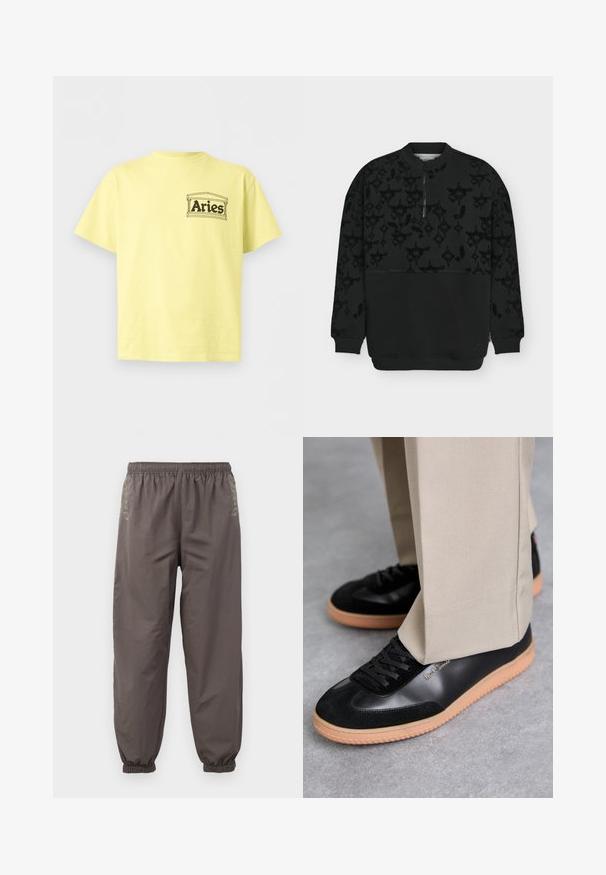 Pull noir à manches longues avec un subtil motif géométrique foncé sur la partie supérieure, poignets et col côtelés, et une courte fermeture éclair devant.; T-shirt jaune pâle à manches courtes avec le texte "Aries" à l’intérieur d’un cadre architectural simple sur le côté gauche de la poitrine.; Pantalons gris foncé à taille élastique avec une coupe décontractée. Présentent des poignets froncés et une broderie subtile sur les côtés. Tissu léger.; Paul Smith COMO - Baskets basses - black