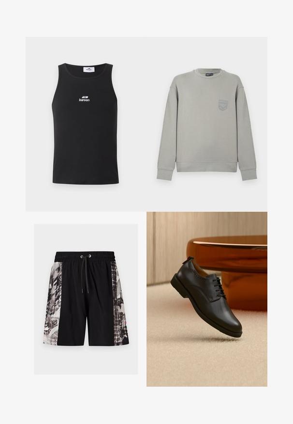 Sweat-shirt gris en coton avec manches longues, poignets côtelés et un petit logo brodé sur la poitrine. Encolure ronde et coupe décontractée.; Débardeur noir sans manches en maille côtelée avec encolure ronde et logo blanc « bareen » centré sur la poitrine.; Short noir avec taille élastique et cordon, présentant des panneaux latéraux à motifs abstraits noir et blanc et un petit logo coloré sur le panneau droit.; Chaussure habillée en cuir noir avec lacets, suspendue au-dessus d'un tapis beige clair, table ronde orange en arrière-plan.
