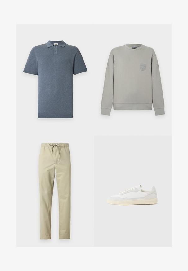 Sweat-shirt gris en coton avec manches longues, poignets côtelés et un petit logo brodé sur la poitrine. Encolure ronde et coupe décontractée.; Polo à manches courtes en tissu bleu texturé, doté d'un col plat, d'une patte de boutonnage à trois boutons et de poignets côtelés aux manches et à l'ourlet.; Pantalon beige clair avec une ceinture élastique et un cordon de serrage. Fabriqué en tissu doux, doté de jambes droites et sans poches ni motifs.; Baskets blanches avec dessus en daim et cuir texturé. Caractérisées par un bout arrondi, une fermeture à lacets et une semelle en caoutchouc beige contrastante.