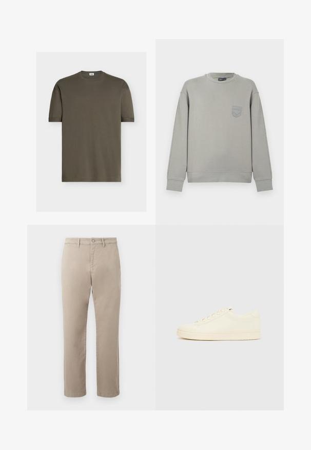 Sweat-shirt gris en coton avec manches longues, poignets côtelés et un petit logo brodé sur la poitrine. Encolure ronde et coupe décontractée.; T-shirt vert olive uni à manches courtes avec col rond et petite étiquette blanche à l'intérieur du col au dos.; Pantalon beige à jambes droites avec fermeture à bouton et zip, passants pour ceinture et poches avant.; Baskets couleur crème avec une tige en cuir lisse, bout arrondi, laçage à l'avant et semelle en caoutchouc texturée. Design minimaliste, sans logo.