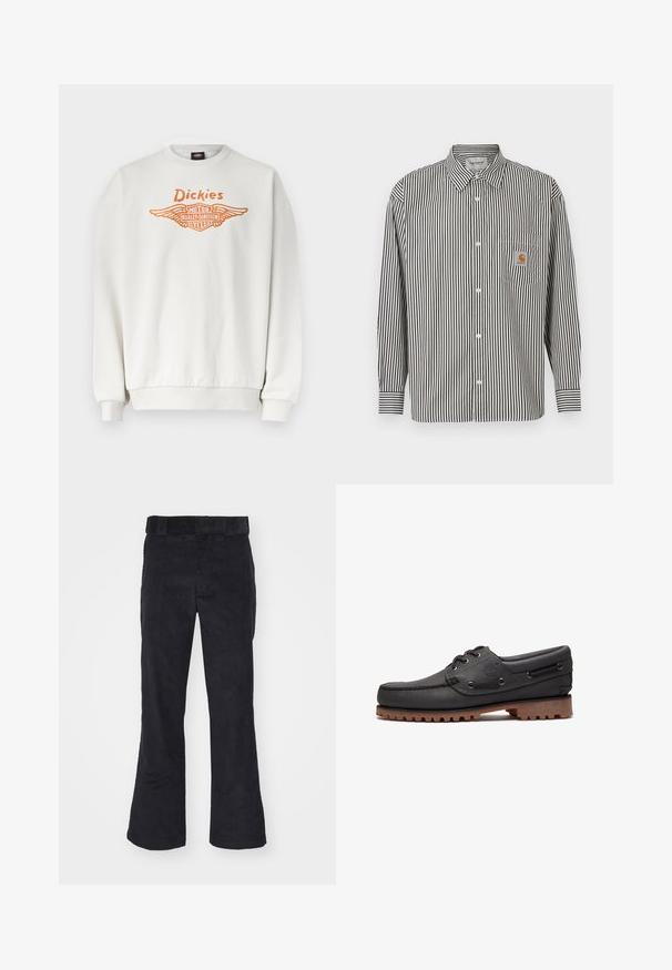 Hvid langærmet sweatshirt med ribbede manchetter og kant, med orange "Dickies" og Harley-Davidson Motor Cycles vingelogo på fronten.; Sorte og hvide vertikale striber langærmet skjorte med button-down krave. Har en brystlomme med en beige logo-plet.; Sorte kordfløjl bukser med en afslappet pasform, der har en klassisk talje og flagrende ben, blød tekstur og uden synlige mønstre eller detaljer.; Sort læder bådsko med snøredetaljer, rund tå, struktureret brun gummisål og sydd læderside.