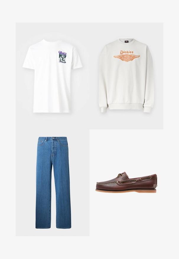 Hvid langærmet sweatshirt med ribbede manchetter og kant, med orange "Dickies" og Harley-Davidson Motor Cycles vingelogo på fronten.; Hvid bomulds t-shirt med et grafisk print i lilla, der viser en siddende figur med teksten "Obey" og "Stop Worry Now!" i sort.; Lysblå denimjeans med lige ben. Har fem lommer, knaplukning og minimale syninger.; Brun læder bådsko med hvide sømme, snøre detaljer og lysbrun gummisål, vist fra siden på hvid baggrund.
