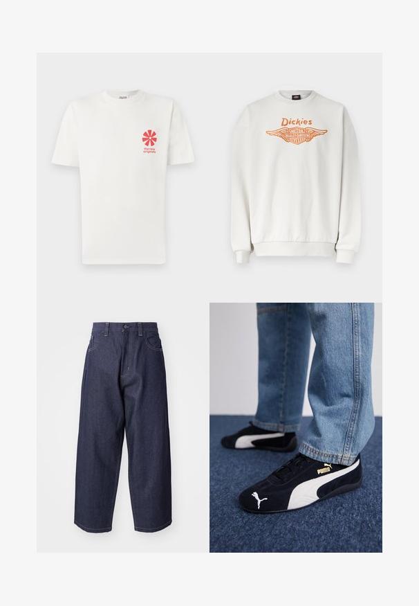 Witte longsleeve sweatshirt met geribbelde manchetten en zoom, met een oranje "Dickies"-logo en het gevleugelde Harley-Davidson Motor Cycles-logo op de voorkant.; Witte katoenen T-shirt met een rode grafische bloemenontwerp op de linkerkant van de borst, met de tekst "de nieuwe originelen" eronder. Korte mouwen, ronde hals.; Donkerblauwe denim jeans met een losse, wijde pasvorm. Kenmerken zijn een knoopsluiting, steekzakken aan de voorkant en zichtbare stiksels.; Zwarte suède sneakers met witte accenten, voorzien van een gouden logo. Gemaakt met lichtblauwe spijkerbroek en geplaatst op een textuur blauwe ondergrond.