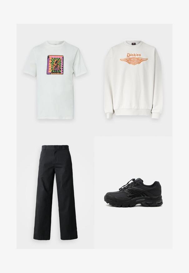Sweat-shirt blanc à manches longues avec poignets et ourlet côtelés, arborant le logo ailé orange "Dickies" et Harley-Davidson Motor Cycles sur le devant.; T-shirt en coton blanc présentant un graphique coloré en forme de carré avec un design de grenouille et du texte, sur un fond géométrique avec des bords accentués.; Pantalon noir à jambes larges en coton. Doté d'une fermeture à bouton, de passants de ceinture et de poches latérales. Texture lisse avec une coupe ajustée.; Baskets de sport noires avec tissu texturé, semelle épaisse et rembourrée, aérations et fermeture à lacets, vues de profil sur fond clair.