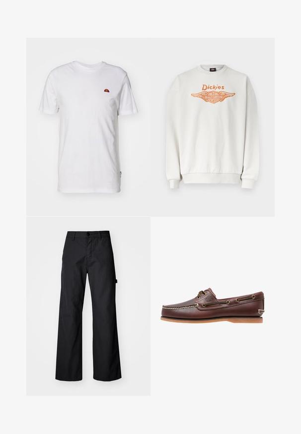 Sweat-shirt blanc à manches longues avec poignets et ourlet côtelés, arborant le logo ailé orange "Dickies" et Harley-Davidson Motor Cycles sur le devant.; T-shirt blanc uni à manches courtes avec un petit logo en demi-cercle rouge et orange sur la partie supérieure gauche de la poitrine.; Pantalons larges noirs en tissu durable. Fermeture à bouton et poches latérales. Texture lisse avec un design épuré.; Chaussure bateau en cuir marron avec coutures blanches, détails de lacets et semelle en caoutchouc beige, vue de côté sur fond blanc.
