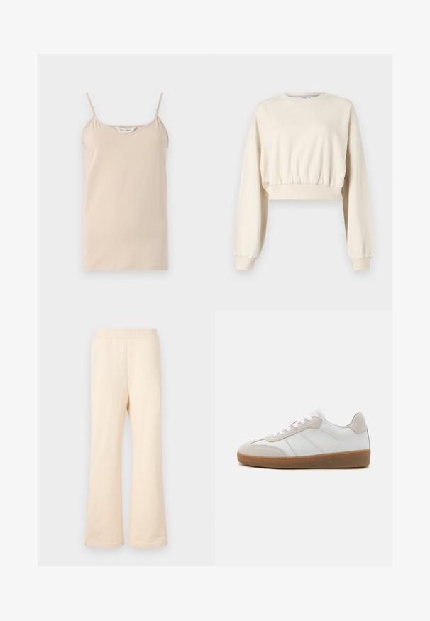 Afskåret, beige sweatshirts med lange, puffy ærmer. Har elastisk talje og ribbede manchetter. Diskret logo broderet nær halsudskæringen.; Beige camisole-top med tynde spaghetti-stropper og en V-halsudskæring, lavet af blødt stof med en glat tekstur og en lige kant.; Beige bredde-bukser i sweatshirtstof lavet af blødt bomuldsstof, med elastisk linning og subtilt broderet logo på venstre side foran.; Hvide lædersneakers med beige ruskindsdetaljer, struktureret tunge og gummisål. Har hvide snørebånd og diskrete stikninger.