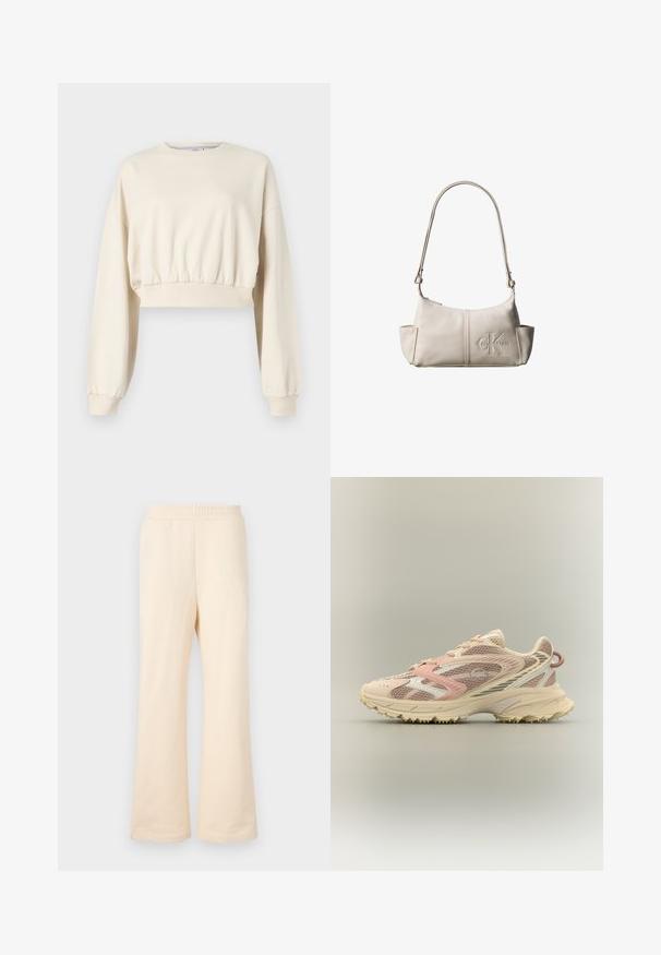 Sudadera corta de color beige con mangas largas y abullonadas. Presenta un cinturón elástico y puños de canalé. Logo sutil bordado cerca del escote.; Pantalones de chándal de pierna ancha color beige, fabricados en suave algodón, con una cinturilla elástica y un sutil logo bordado en la parte delantera izquierda.; Zapatilla de correr con parte superior de malla en tonos rosa, beige y crema, refuerzos sintéticos, suela gruesa y suela texturizada para agarre, vista lateral.; Pequeña bolsa de hombro de cuero beige con correa ajustable y logotipo de Calvin Klein en relieve en el centro delantero.