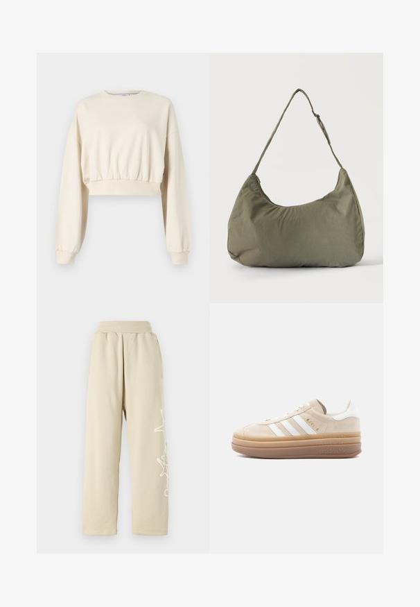 Gekürzter, beiger Sweatshirt mit langen, puffigen Ärmeln. Verfügt über einen elastischen Bund und gerippte Bündchen. Zartes Logo in der Nähe des Ausschnitts gestickt.; Beige Sweatpants mit lockerer Passform, einem elastischen Bund, Seitentaschen und einem weißen grafischen Detail entlang des linken Beins. Aus weichem Baumwollmaterial.; Beige Wildleder-Sneaker mit weißen Lederakzenten, versehen mit drei weißen Streifen, einem goldenen Logo und einer dicken, durchsichtigen Gummisohle.; Olivgrüne weiche Stoff-Schultertasche mit Reißverschluss und verstellbarem Tragegurt vor einfarbig hellem Hintergrund.
