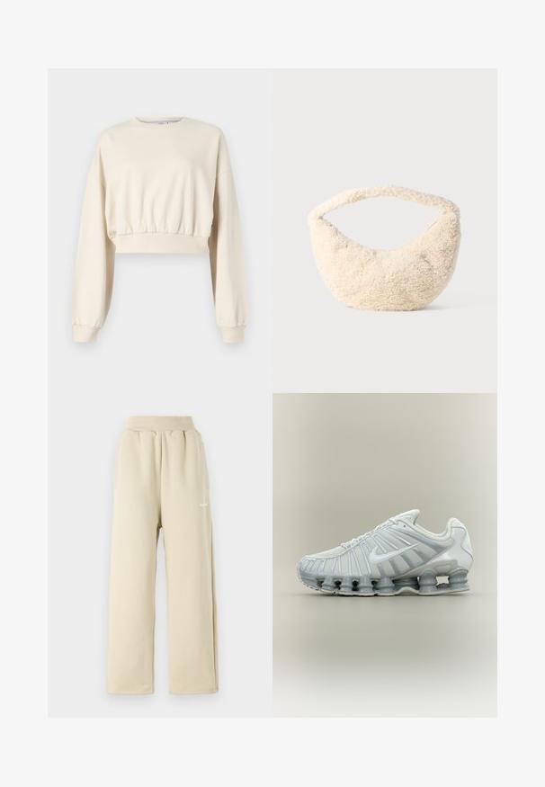 Afskåret, beige sweatshirts med lange, puffy ærmer. Har elastisk talje og ribbede manchetter. Diskret logo broderet nær halsudskæringen.; Beige brede sweatpants lavet af blødt stof, med elastisk talje, sidelommer og lille broderet logo detaljer.; Hvid og grå Nike sportssko med vertikalt stribedesign og karakteristisk spiralformet sålkonstruktion.; Cremefarvet taske med en blød, fluffy tekstur. Buet form og en bred rem til at bære. Simpelt design, ingen synlige hardware eller accenter.