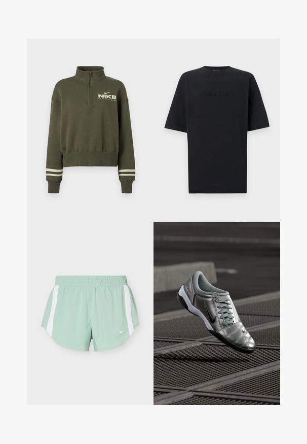 Olivengrøn Nike kvart-zip sweatshirt med høj krave, ribbede ærmegab med to lyse striber og "Nike Athletic Club" logo på brystet.; Sort kortærmet T-shirt med rund hals og forhøjede sorte "NIKE" bogstaver centreret på brystet mod en ensfarvet baggrund.; Lysegrønne atletikshorts med hvide sidelister og elastisk talje, med et lille hvidt Nike-logo foran.; Sølv Nike sko med en glat finish, der har et snørebåndsdesign og en sort ydersål. Tekstureret overdel med subtile accenter og logo.