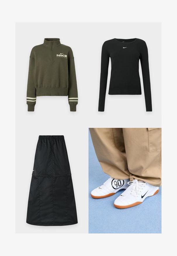 Olivengrøn Nike kvart-zip sweatshirt med høj krave, ribbede ærmegab med to lyse striber og "Nike Athletic Club" logo på brystet.; Sort, langærmet tætsiddende top lavet af ribbet stof, med rund halsudskæring og et diskret hvidt Nike-logo på brystet.; Sort atletisk nederdel lavet af let, glat nylonstof. Har elastisk taljebånd og et enkelt, langt, A-formet design.; Hvide atletiske sko med et quiltet design, sort Nike swoosh og et fremtrædende sort "90" grafisk motiv på siden, parret med khaki bukser.