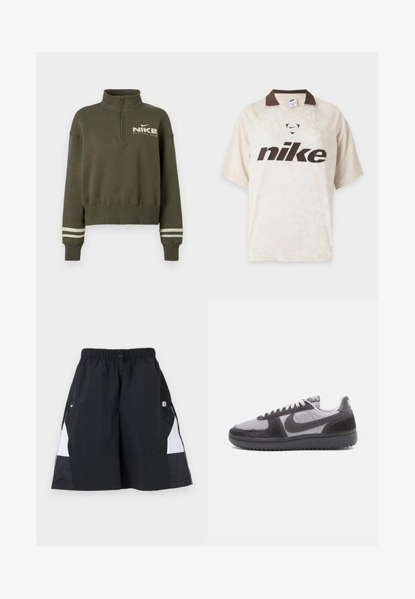 Olívovo zelená neoprénová mikina Nike s vysokým golierom, rebrovanými manžetami s dvoma svetlými pruhmi a logom "Nike Athletic Club" na hrudi.; Svetlo béžové tričko s krátkym rukávom značky Nike s tmavohnedým golierom a veľkým tmavohnedým logom Nike na prednej strane.; Čierno-biele športové šortky s elastickým pásom a sťahovacou šnúrkou, s logom Nike Swoosh a malou nášivkou na pravej strane.; Nízke tenisky s šedou sieťovinou, čiernymi textúrovanými vrstvami, čiernou podrážkou, bielymi šnúrkami a čiernym logom Nike na boku.