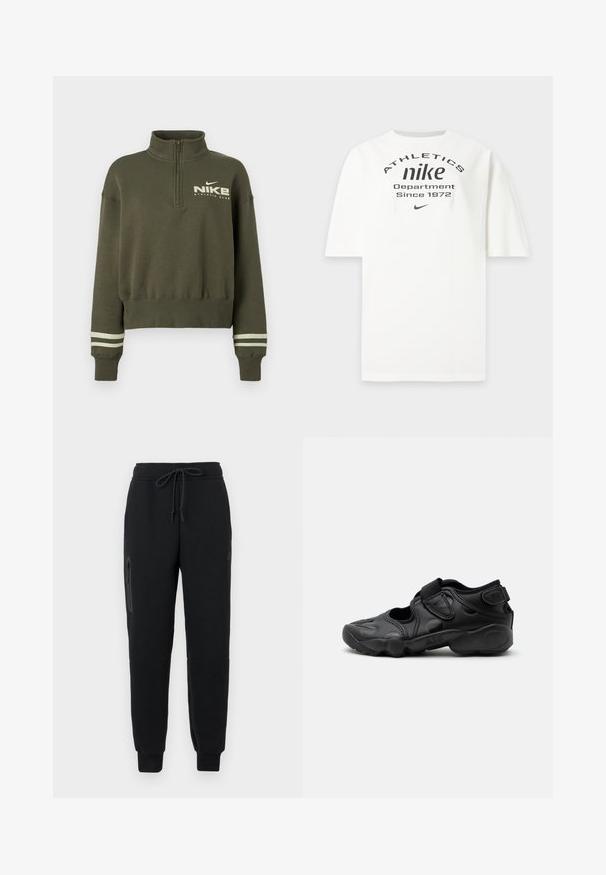 Olivengrøn Nike kvart-zip sweatshirt med høj krave, ribbede ærmegab med to lyse striber og "Nike Athletic Club" logo på brystet.; Hvid Nike t-shirt med sort tekst "ATHLETICS nike Department Since 1972" og et lille Nike swoosh-logo under teksten.; Sorte sweatpants med snoretræk i taljen, lynlåslomme i siden og tætsiddende nederste kant. Fremstillet af blødt, struktureret stof.; Sort atletisk sandal med lukket tå, velcro stropper ved mellemfoden og hælen samt tyk polstret sål markeret med "AIR" på siden.