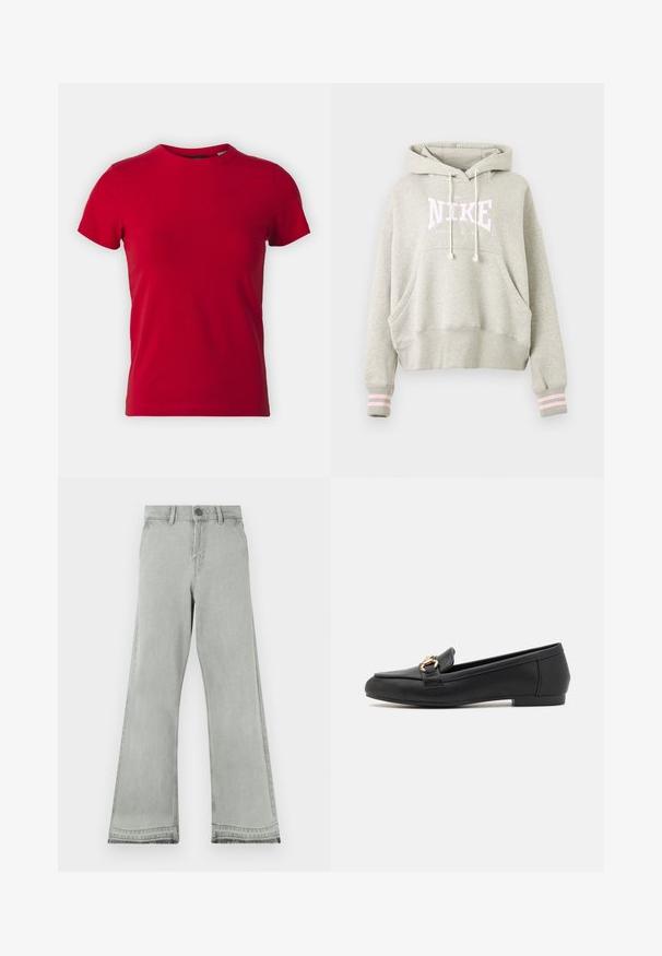 Sudadera con capucha de Nike en gris claro con capucha con cordón, bolsillo canguro delantero, puños acanalados con dos rayas rosa claro y texto de logotipo en el pecho.; Camiseta de algodón roja con mangas cortas y cuello redondo. Textura suave, corte clásico, sin patrones visibles ni acentos de hardware.; Vaqueros acampanados de color gris claro hechos de mezclilla, con cierre de botón, cinturilla recta y una textura ligeramente desgastada en los dobladillos.; Mocasines de cuero negro con punta redondeada, que presentan un acento de herrajes en tono dorado y un tacón bajo y plano para facilitar su uso.