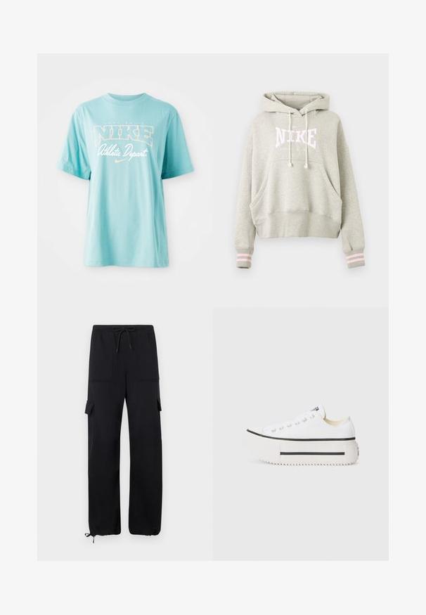 Lysegrå Nike hættetrøje med snørrehætte, front kangaroo-lomme, ribstrikkede ærmegab med to lyserøde striber og logotekst på brystet.; Lyseblå bomulds T-shirt med korte ærmer og rund halsudskæring. Har "NIKE" logo og tekst i hvid og ferskenfarvet print.; Sorte cargo bukser lavet af blødt stof, med en snøre i taljen, to franske lommer og elastiske manchetter ved anklerne.; Hvide kanvas platform sneakers med sort gummisål, rund tåhætte og metaløjer, der har et enkelt og rent design.