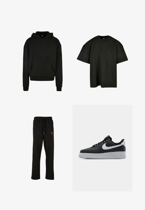 Sudadera con capucha negra hecha de una tela suave, con un bolsillo frontal, puños acanalados y un diseño de corte relajado.; Camiseta negra de corte oversized en suave algodón. Presenta un cuello redondo y mangas cortas, con una textura suave y un diseño minimalista.; Pantalones de chándal negros con cintura elástica y cordón ajustable. Presentan un acento de logo rojo en el muslo izquierdo. Material suave.; Zapatilla negra de cuero con superficie texturizada, logo de Nike en blanco, suela gris, puntera redonda y diseño de encaje. Presenta perforaciones en la puntera.
