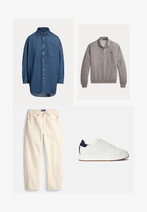 Sivý polo sveter s dlhými rukávmi, rebrovanými manžetami, dvoma gombíkmi na zapínaní a malým vyšitým námorníckym modrým logom na hrudi.; Denim košeľa s gombíkmi v tmavomodrej farbe. Má náprsné vrecko, dlhé rukávy a voľný strih. Diskrétne švy pozdĺž švov.; Džínsy krémovej farby z denimu, s rovnými nohavicami, prednými vreckami a detailom prešívania. Zapínanie na kovové gombíky a zips.; Biele tenisky s textúrovaným povrchom, námorníckym akcentom na päte a gumovou podrážkou. Na boku majú prešitý logo.