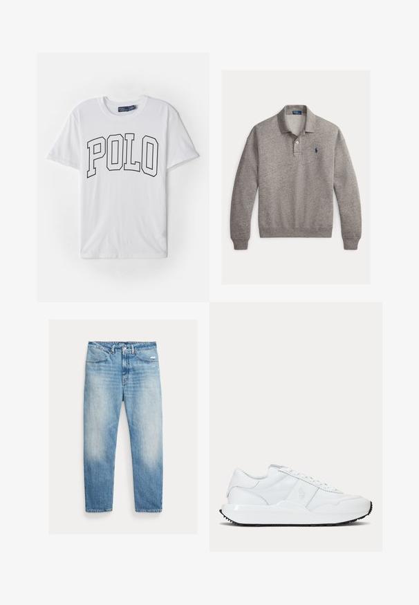 Grauer Langarm-Polo-Pullover mit gerippten Bündchen, einer zweiknöpfigen Knopfleiste und einem kleinen bestickten dunkelblauen Logo auf der Brust.; Weißes Baumwoll-T-Shirt mit einem schwarzen Umrissdruck des Wortes "POLO" auf der Vorderseite, kurzen Ärmeln und einem Rundhalsausschnitt.; Hellblaue, verwaschene Jeans mit geradem Bein, Vordertaschen, Knopf- und Reißverschluss sowie leichter Abnutzung am rechten Oberschenkel.; Weißer Sneaker mit niedrigem Schaft, glatten und strukturierten Einsätzen, Schnürung vorne und einem dezenten geprägten Logo an der Seite.