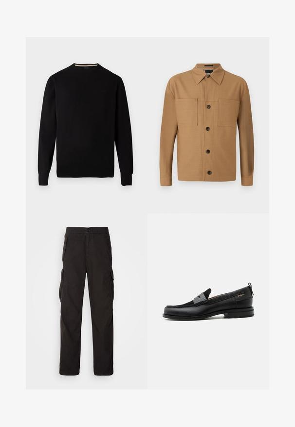 Sort strikket sweater med rund hals, ribstrikkede manchetter og kant, der har et diskret logo på brystet og en kontrasterende indre halskant.; BOSS CRAIG - Skjorter - medium beige; Sorte cargobukser med lige pasform, elastisk talje, flere sidelommer og et struktureret stof for holdbarhed.; Sort læderloafer med grå remdetalje, lav hæl og tekstureret sål, mærket med "HUGO" i guld på siden.