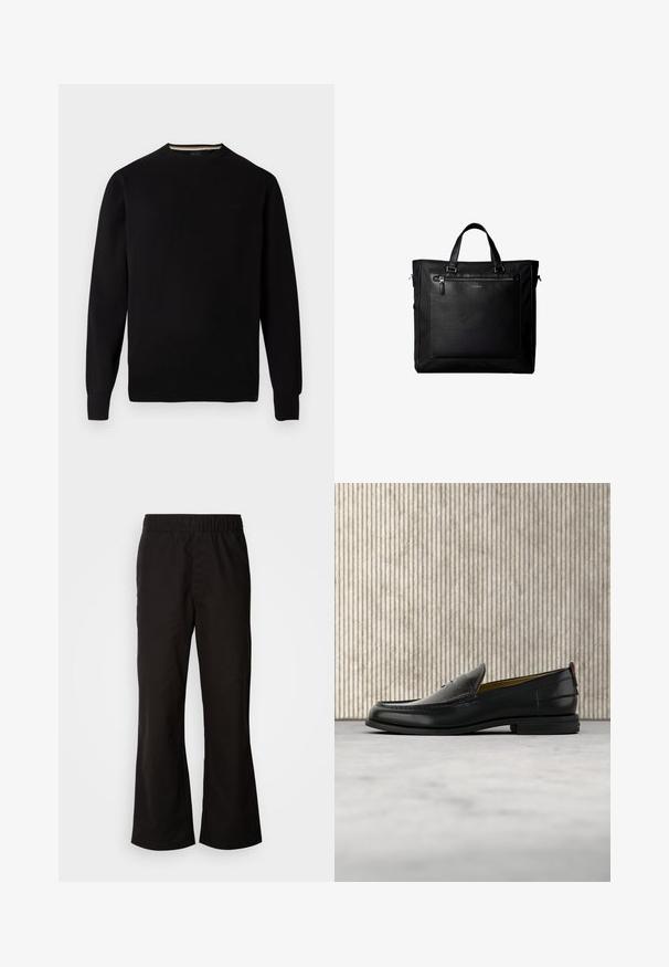 Sort strikket sweater med rund hals, ribstrikkede manchetter og kant, der har et diskret logo på brystet og en kontrasterende indre halskant.; Sorte bukser med elastisk talje og n tapered form, lavet af glat bomuldsstof. Har et enkelt design og lige benåbninger.; Sort læder herreloafer med krokodillepræget forstykke og lav hæl, vist i profil på en neutral baggrund.; Sort taske med dobbelte håndtag, stor læderlomme foran med lynlås og diskret Calvin Klein-logo midt på lommen.