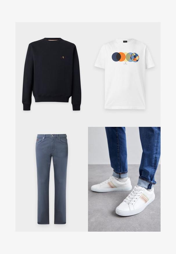 Zwarte sweatshirt met lange mouwen, geribde manchetten en zoom, ronde hals en klein meerkleurig geborduurd logo op de linkerborst.; Wit T-shirt met korte mouwen met een afbeelding van vijf overlappende gekleurde cirkels, waarvan de laatste lijkt op een meerkleurige voetbal, en kleine tekst eronder.; Grijze denim jeans met een rechte snit, vijf zakken en een metalen knoopsluiting. Bevat subtiele stiksels en een klein logo-detail.; Witte leren sneakers met meerkleurige strepen, vetersluiting, rubberen zool en gevoerd kraagje, gecombineerd met blauwe spijkerbroek.