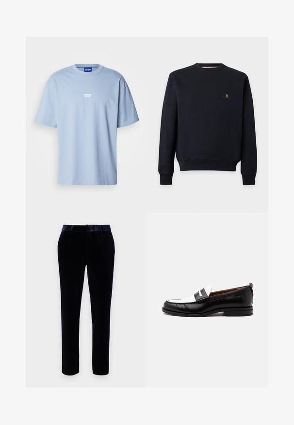 Schwarzer Sweatshirt mit langen Ärmeln, gerippten Bündchen und Saum, Rundhalsausschnitt und kleinem mehrfarbig besticktem Logo auf der linken Brust.; Helles blaues T-Shirt mit kurzen Ärmeln aus Baumwolle, mit Rundhalsausschnitt und einem weißen rechteckigen Logo auf der Vorderseite in der Mitte.; Dunkelblaue Samthose mit flachem Vorderteil, Gürtelschlaufen und schmalem Schnitt. Die glatte Textur und der subtile Glanz verbessern das Erscheinungsbild.; Schwarz-weißer Lederloafer mit genähten Details, niedrigem Absatz und einem Slip-On-Design, seitlich auf neutralem Hintergrund gezeigt.
